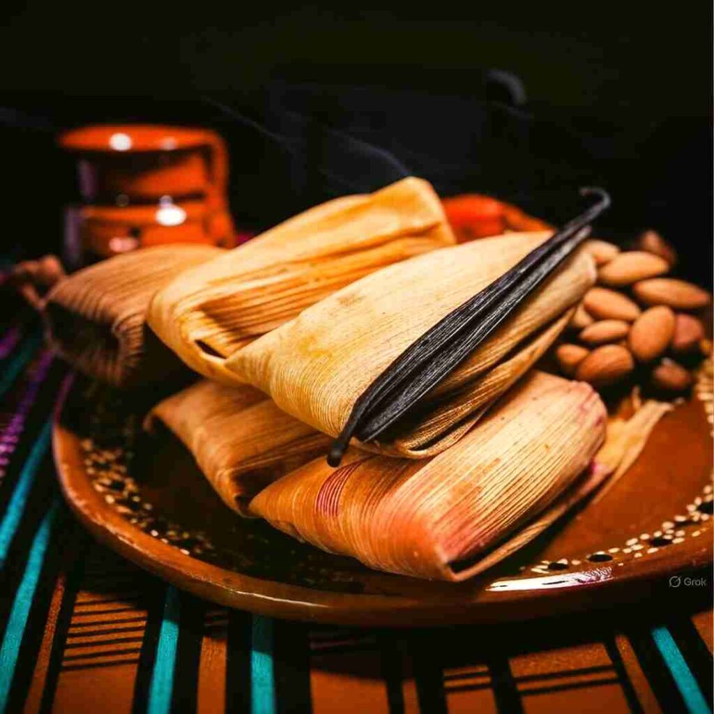 A close-up of a plate showcasing Vanilla-Kissed Sweet Almond Tamales, wrapped in corn husks with a golden, textured exterior and red hints from the husks. A vanilla pod and scattered blanched almonds highlight the Mexican dessert tamales theme. The traditional barro dish with a dotted design rests on a colorful woven mat, with a blurred orange clay container in the background and a wisp of steam adding warmth. Perfect for a how to make tamales guide.  

