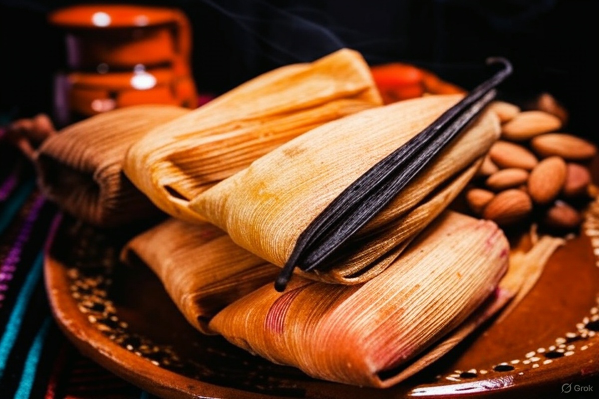 A close-up of a plate showcasing Vanilla-Kissed Sweet Almond Tamales, wrapped in corn husks with a golden, textured exterior and red hints from the husks. A vanilla pod and scattered blanched almonds highlight the Mexican dessert tamales theme. The traditional barro dish with a dotted design rests on a colorful woven mat, with a blurred orange clay container in the background and a wisp of steam adding warmth. Perfect for a how to make tamales recipe.  

